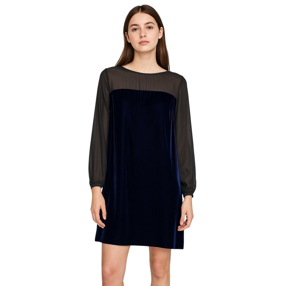 DONNA MORGAN NWT Nordstrom Velvet Sheer Sleeve Shift Dress Midnight Blue 16